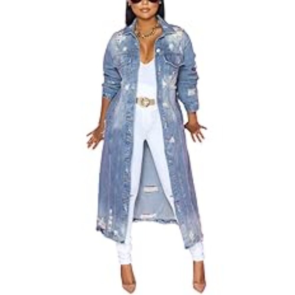 Women's Fashion Ripped Holes Maxi Long Denim Jacket Trench Coat